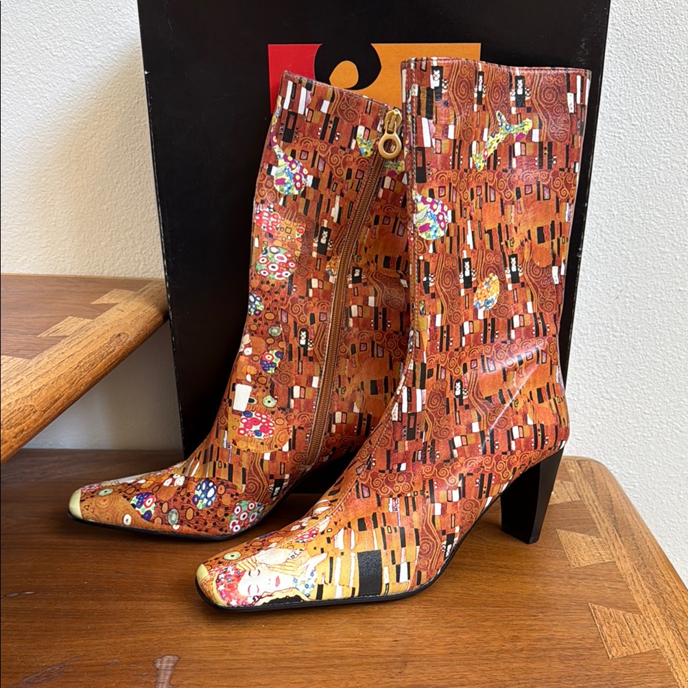 Vintg Nib Icon Los Angeles Womens Painted Gustav Klimt Heeled Graphic Boot 8.5